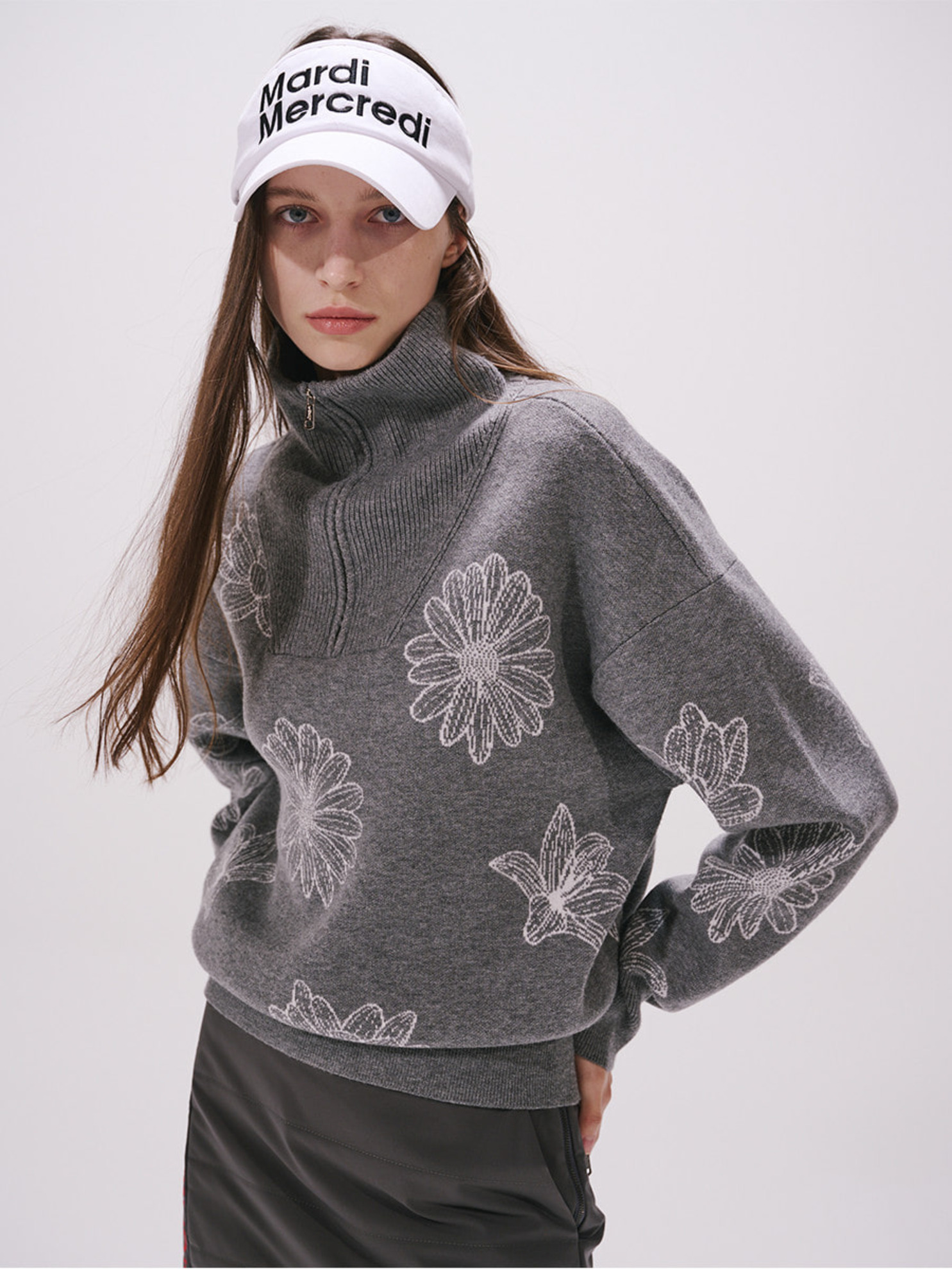 HIGH NECK KNIT ZIPUP ALL OVER FLOWERS_GREY IVORY